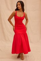 Red Midi Dress with Square Neckline and Full Skirt
