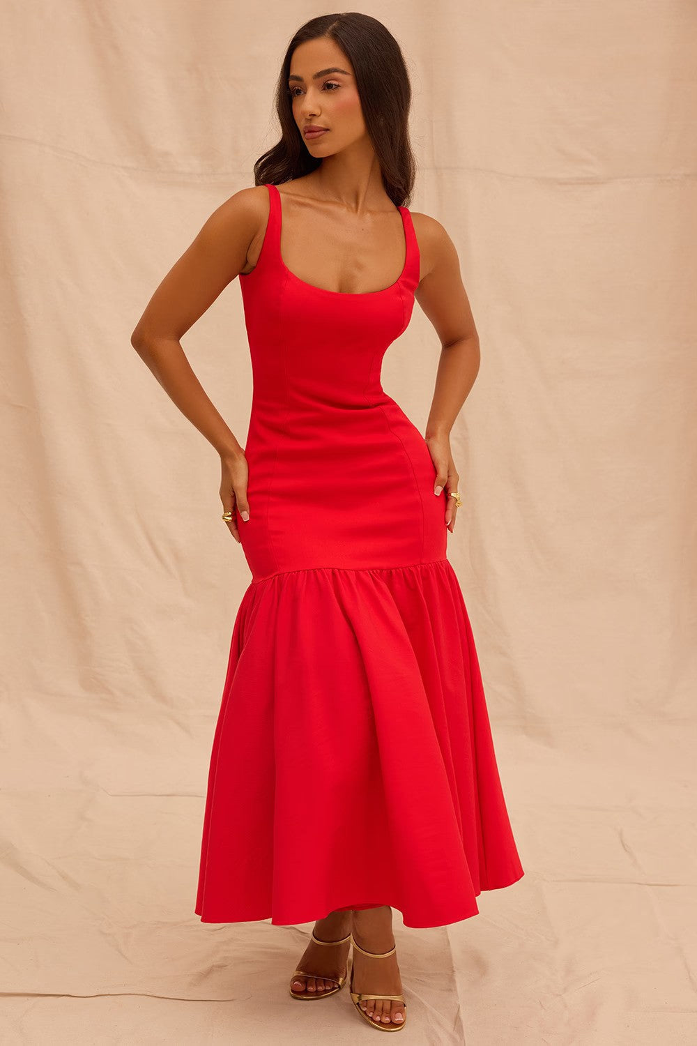 Red Midi Dress with Square Neckline and Full Skirt