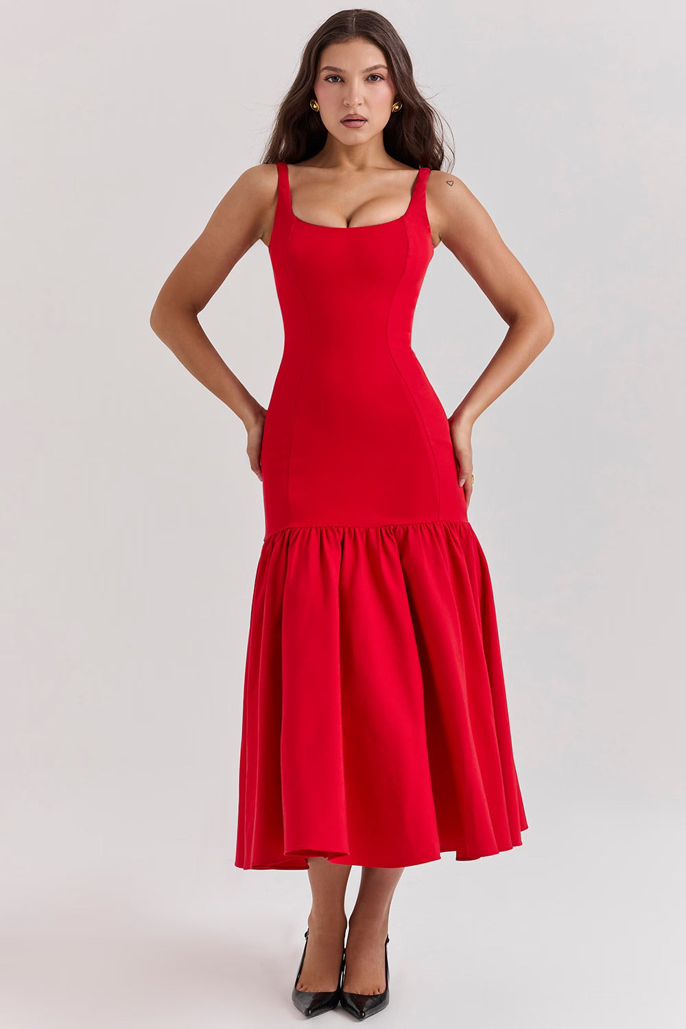 Red Midi Dress with Square Neckline and Full Skirt
