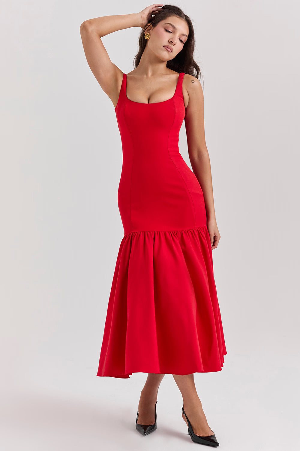 Red Midi Dress with Square Neckline and Full Skirt