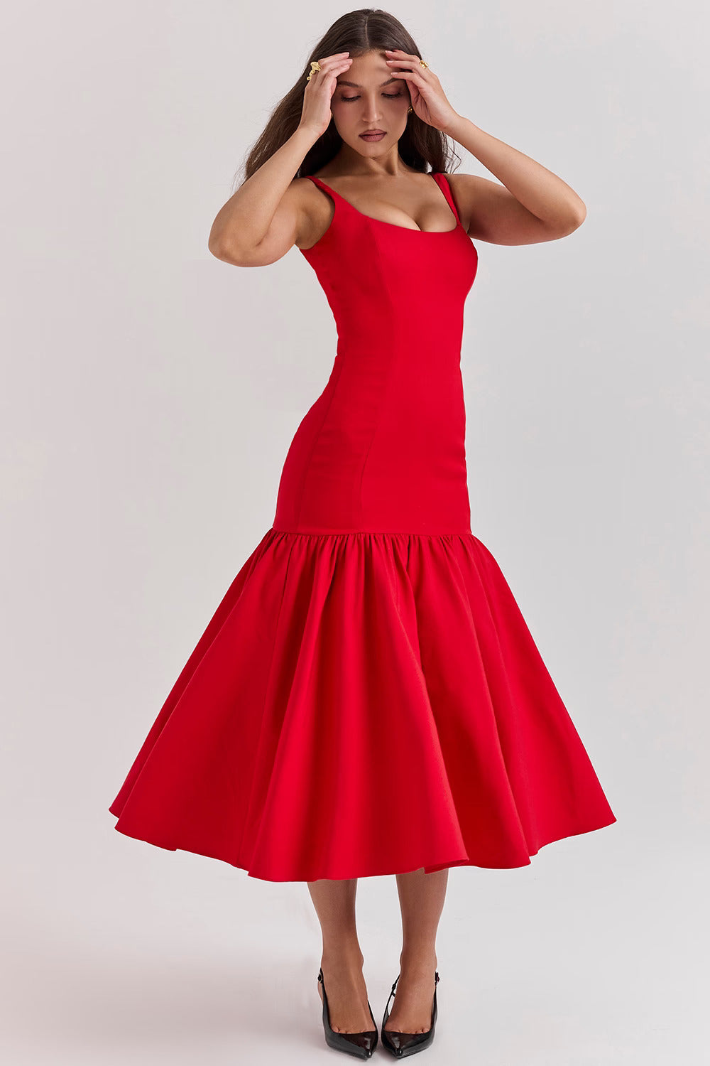 Red Midi Dress with Square Neckline and Full Skirt