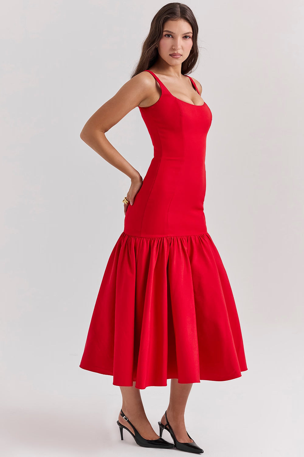 Red Midi Dress with Square Neckline and Full Skirt