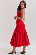 Red Midi Dress with Square Neckline and Full Skirt