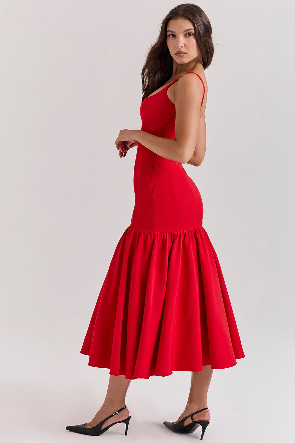 Red Midi Dress with Square Neckline and Full Skirt