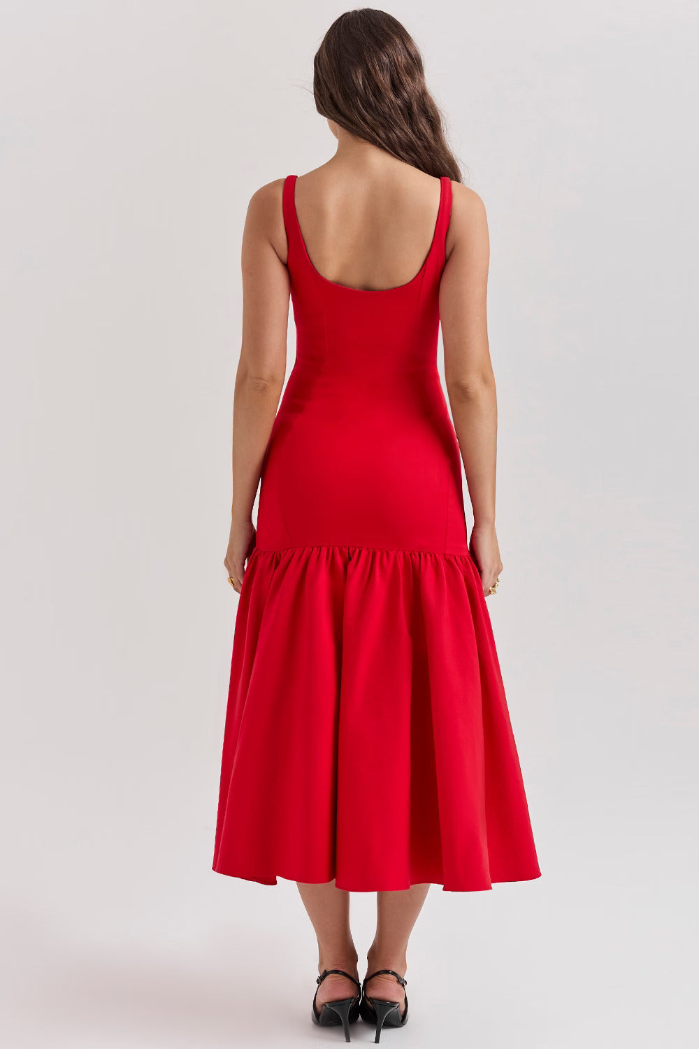 Red Midi Dress with Square Neckline and Full Skirt