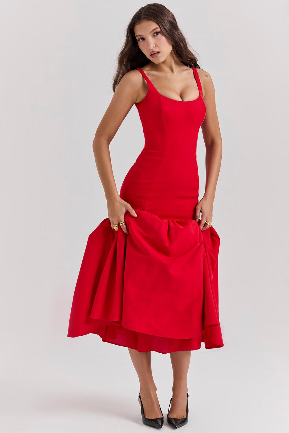 Red Midi Dress with Square Neckline and Full Skirt