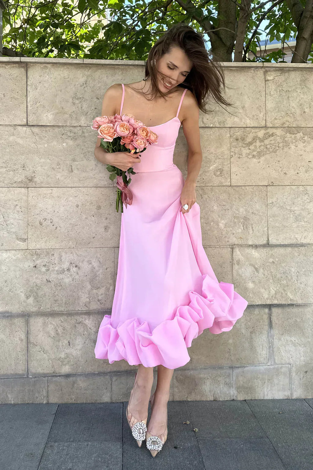 Pink Structured Midi Dress with Underwired Bodice