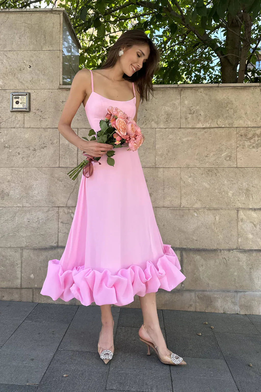 Pink Structured Midi Dress with Underwired Bodice