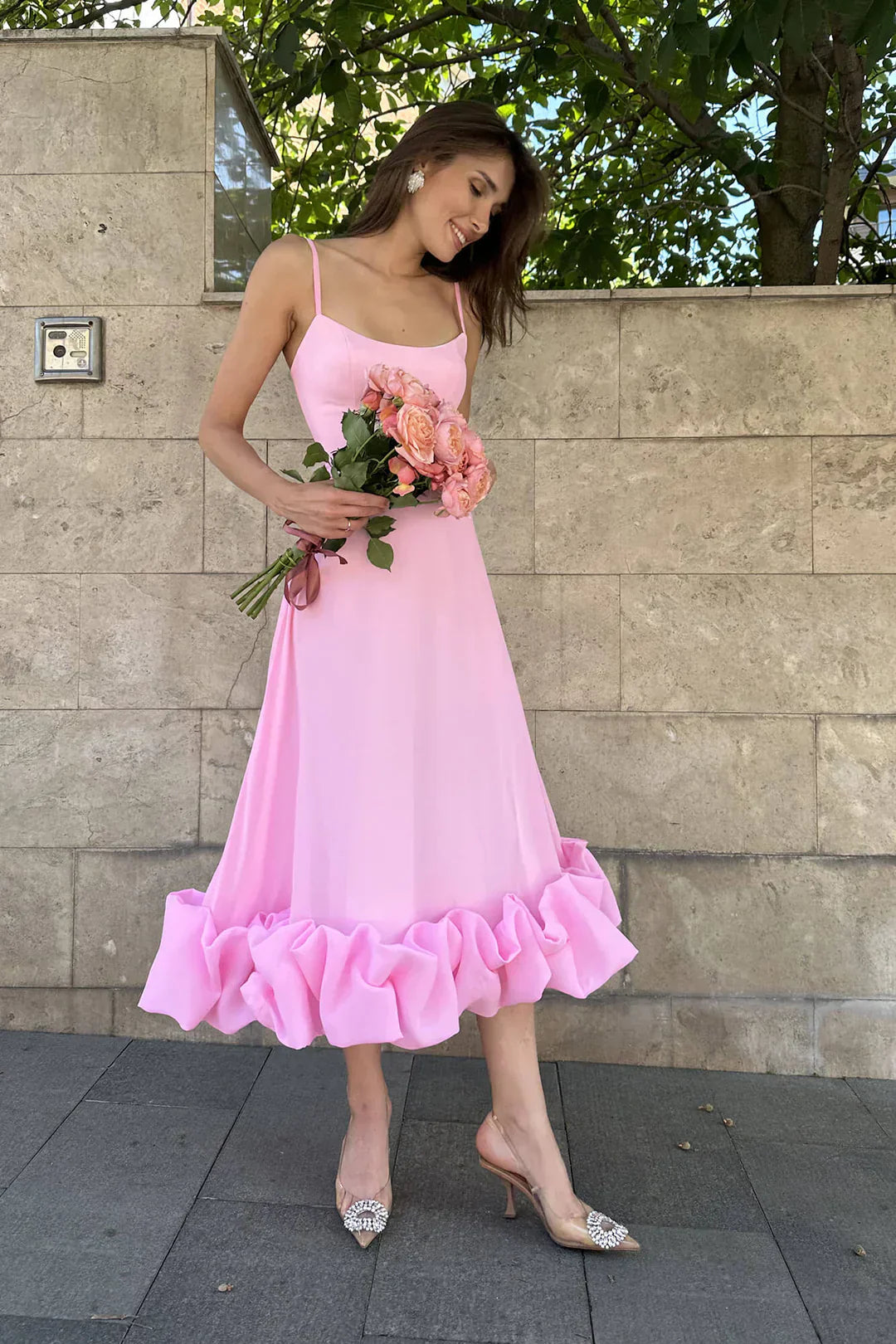 Pink Structured Midi Dress with Underwired Bodice