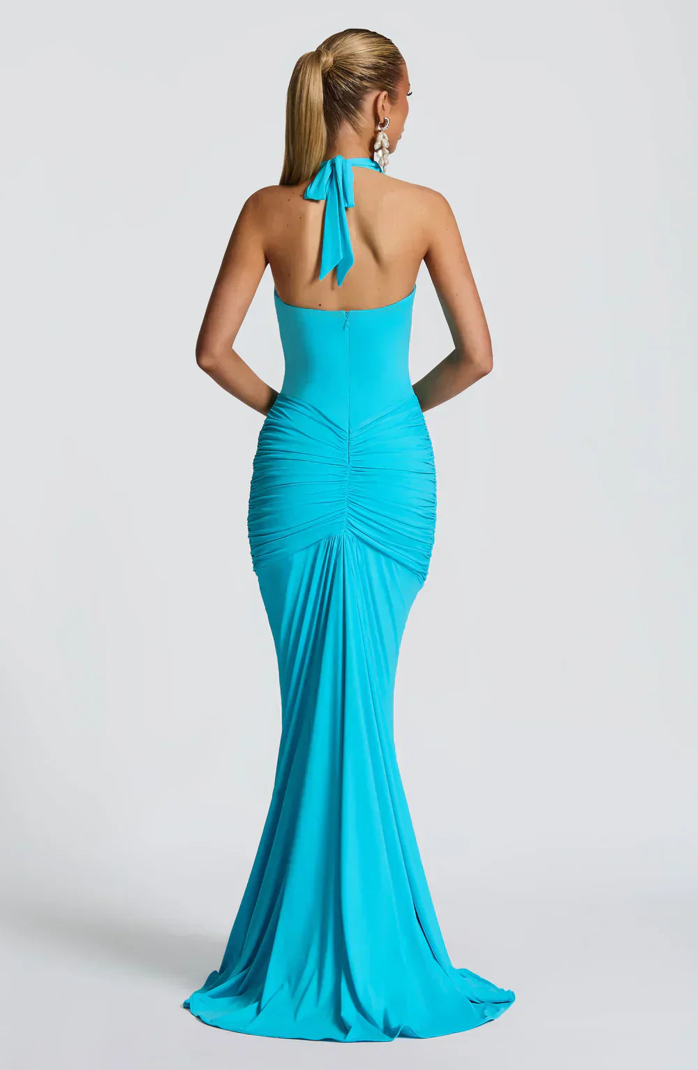 Blue Halter Neck Maxi Dress with Draped Skirt