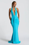 Blue Halter Neck Maxi Dress with Draped Skirt