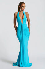 Blue Halter Neck Maxi Dress with Draped Skirt