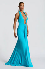 Blue Halter Neck Maxi Dress with Draped Skirt