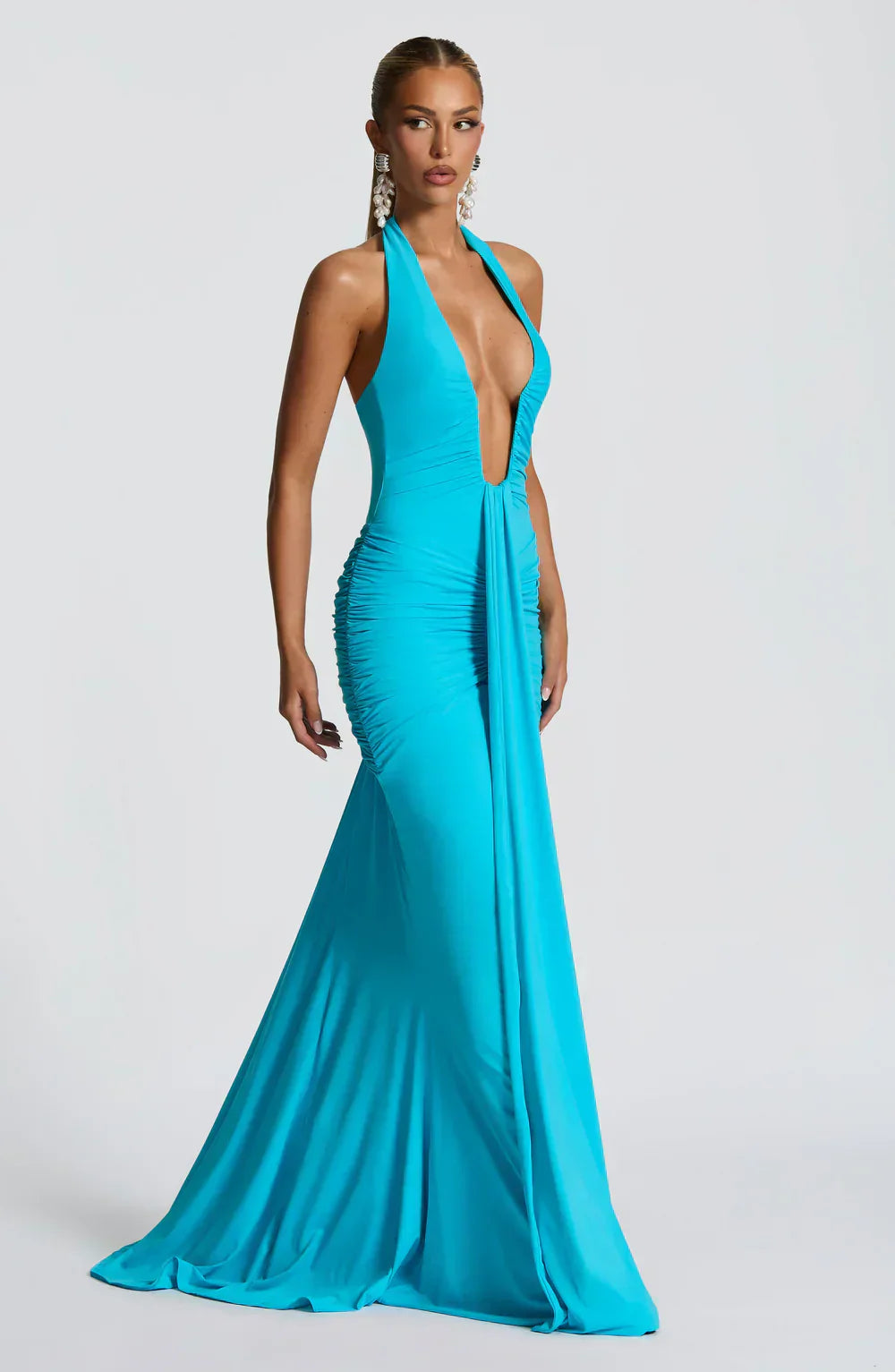Blue Halter Neck Maxi Dress with Draped Skirt