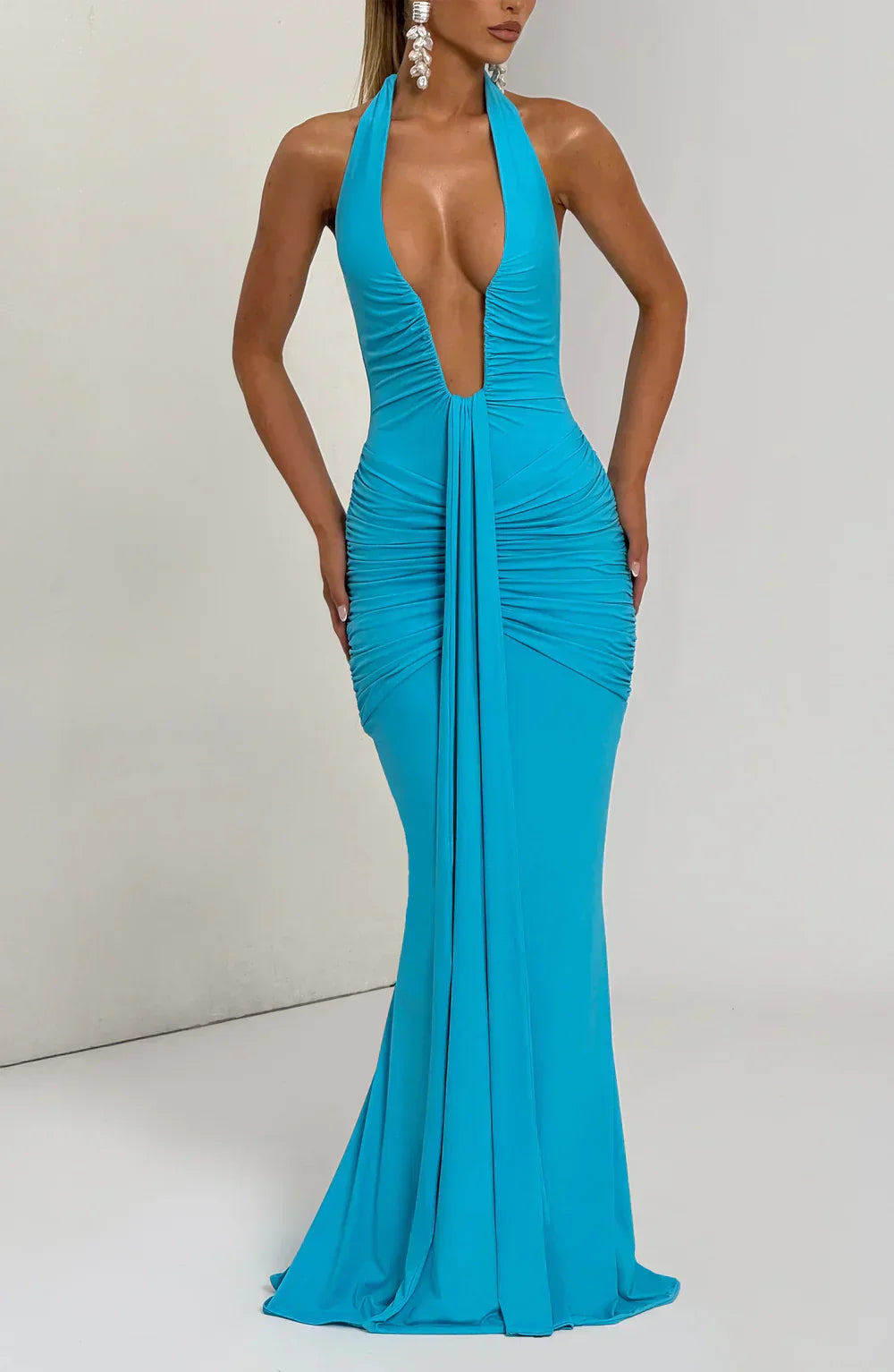 Blue Halter Neck Maxi Dress with Draped Skirt