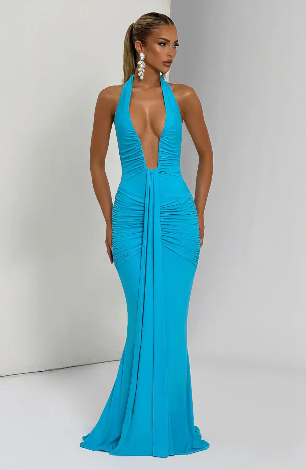Blue Halter Neck Maxi Dress with Draped Skirt