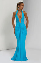 Blue Halter Neck Maxi Dress with Draped Skirt