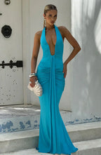 Blue Halter Neck Maxi Dress with Draped Skirt