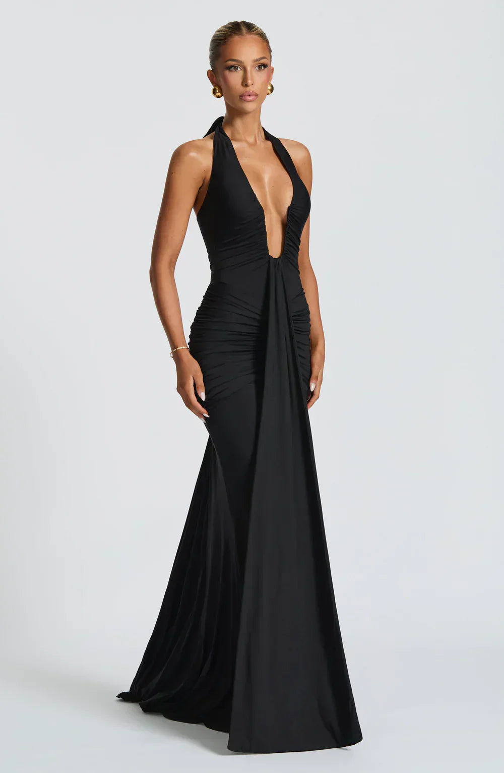 Black Halter Neck Maxi Dress with Draped Front Panel