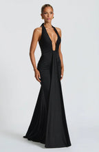 Black Halter Neck Maxi Dress with Draped Front Panel