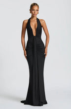 Black Halter Neck Maxi Dress with Draped Front Panel