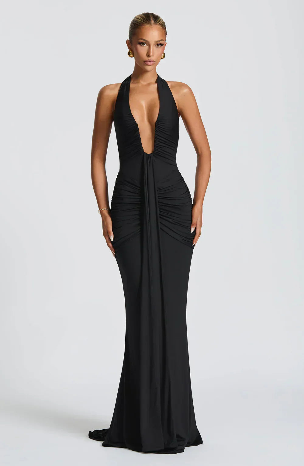 Black Halter Neck Maxi Dress with Draped Front Panel