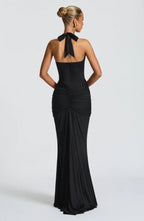 Black Halter Neck Maxi Dress with Draped Front Panel