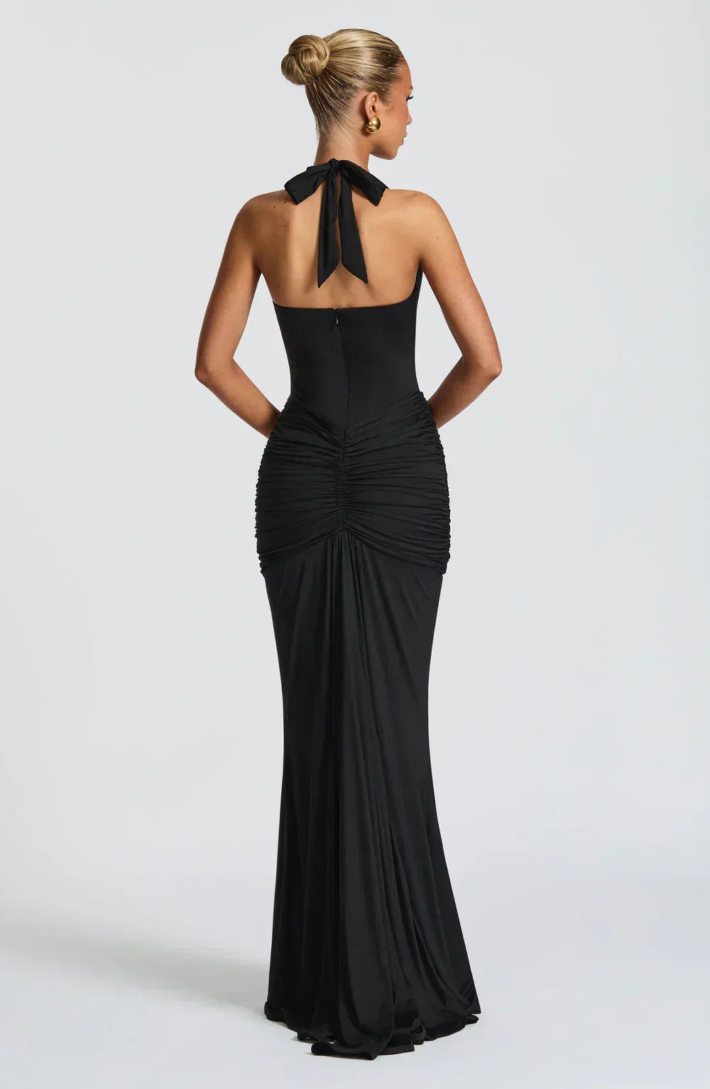 Black Halter Neck Maxi Dress with Draped Front Panel