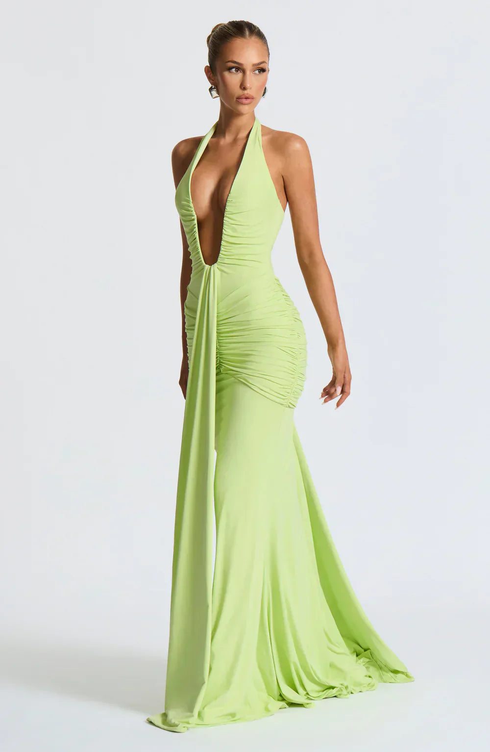 Green Halter Neck Maxi Dress with Draped Front Panel