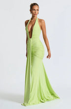 Green Halter Neck Maxi Dress with Draped Front Panel