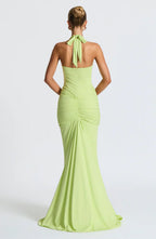 Green Halter Neck Maxi Dress with Draped Front Panel