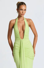 Green Halter Neck Maxi Dress with Draped Front Panel