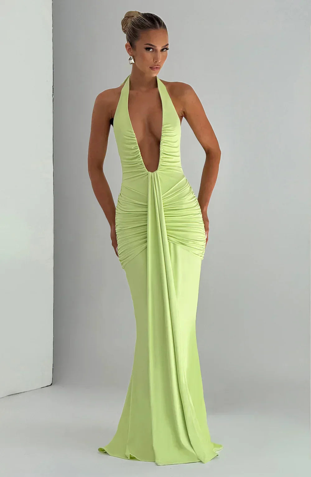 Green Halter Neck Maxi Dress with Draped Front Panel