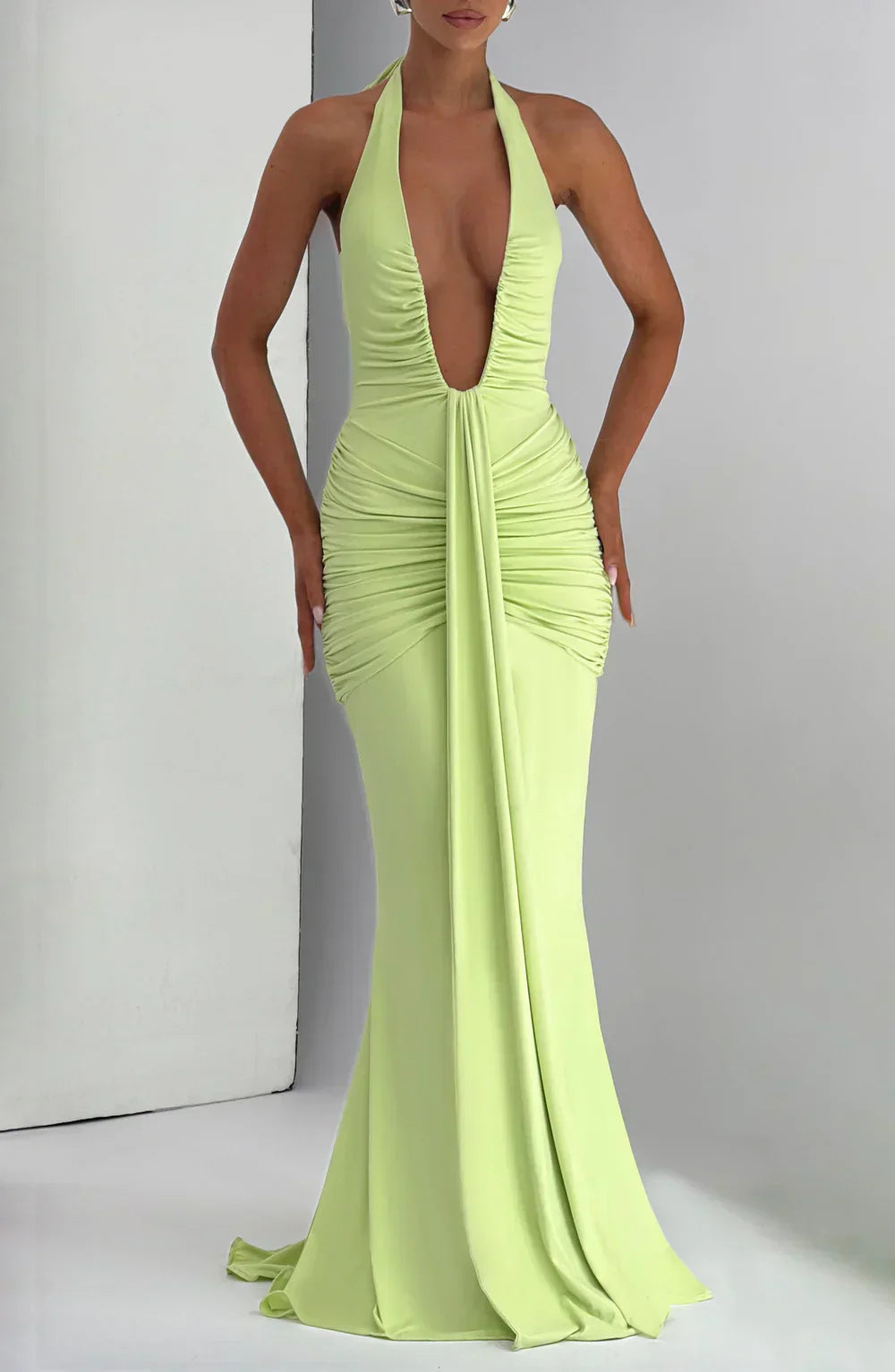 Green Halter Neck Maxi Dress with Draped Front Panel