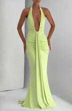 Green Halter Neck Maxi Dress with Draped Front Panel