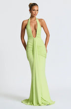 Green Halter Neck Maxi Dress with Draped Front Panel