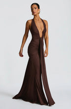 Brown Halter Neck Maxi Dress with Draped Front Panel