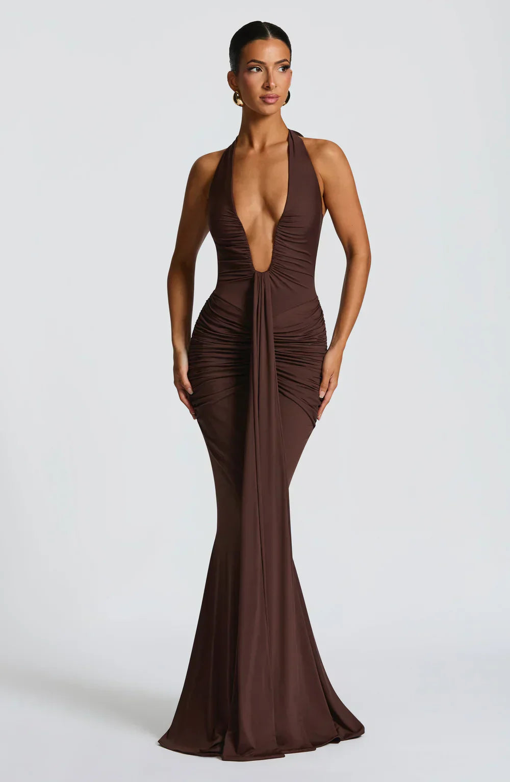 Brown Halter Neck Maxi Dress with Draped Front Panel