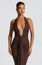 Brown Halter Neck Maxi Dress with Draped Front Panel