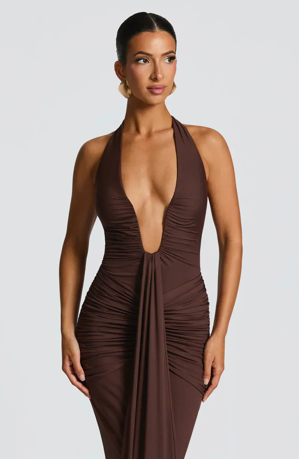 Brown Halter Neck Maxi Dress with Draped Front Panel