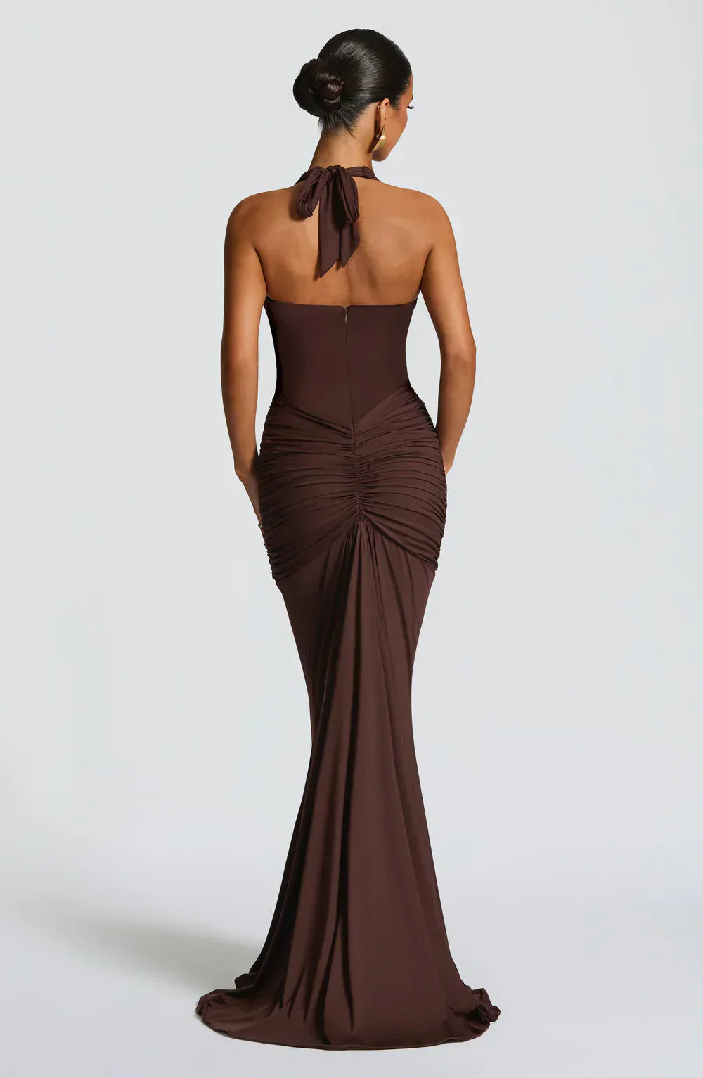 Brown Halter Neck Maxi Dress with Draped Front Panel