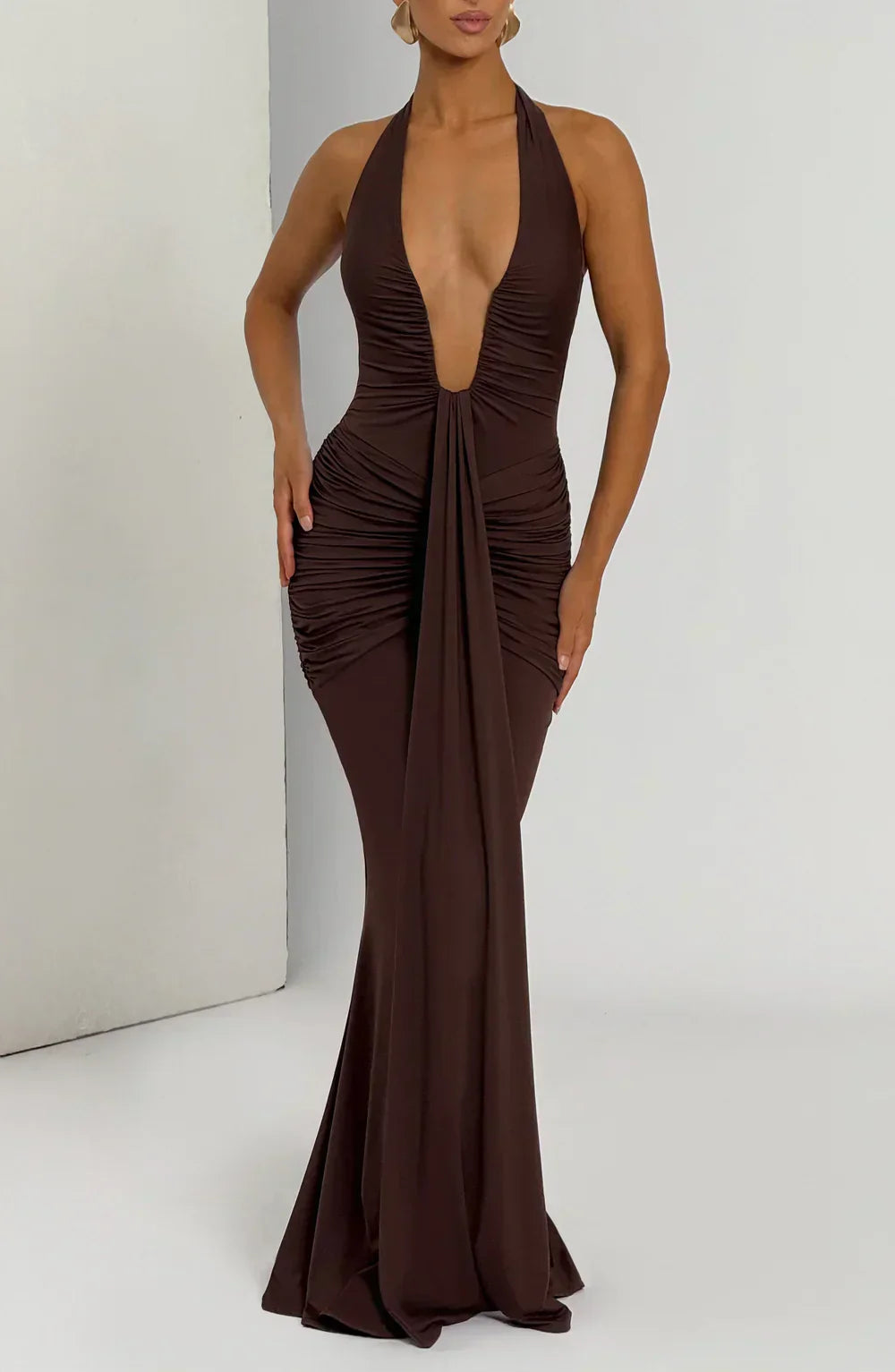 Brown Halter Neck Maxi Dress with Draped Front Panel