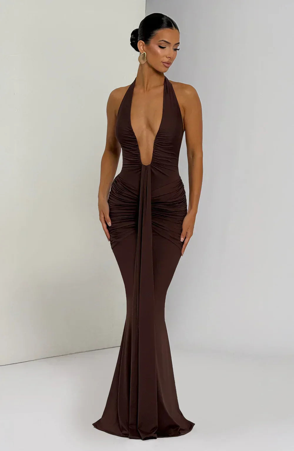 Brown Halter Neck Maxi Dress with Draped Front Panel
