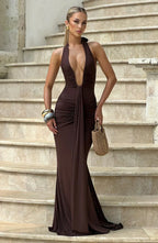 Brown Halter Neck Maxi Dress with Draped Front Panel