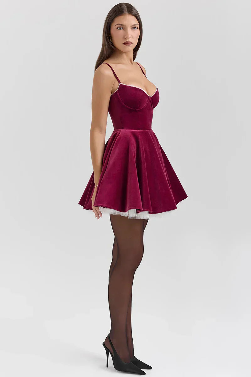 Red Mini Dress with Corset Bodice and Tulle Skirt