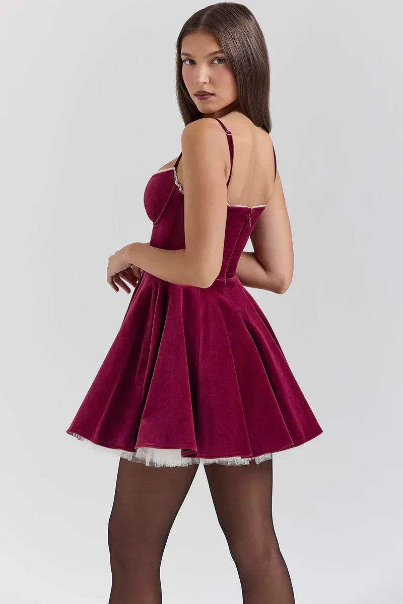 Red Mini Dress with Corset Bodice and Tulle Skirt