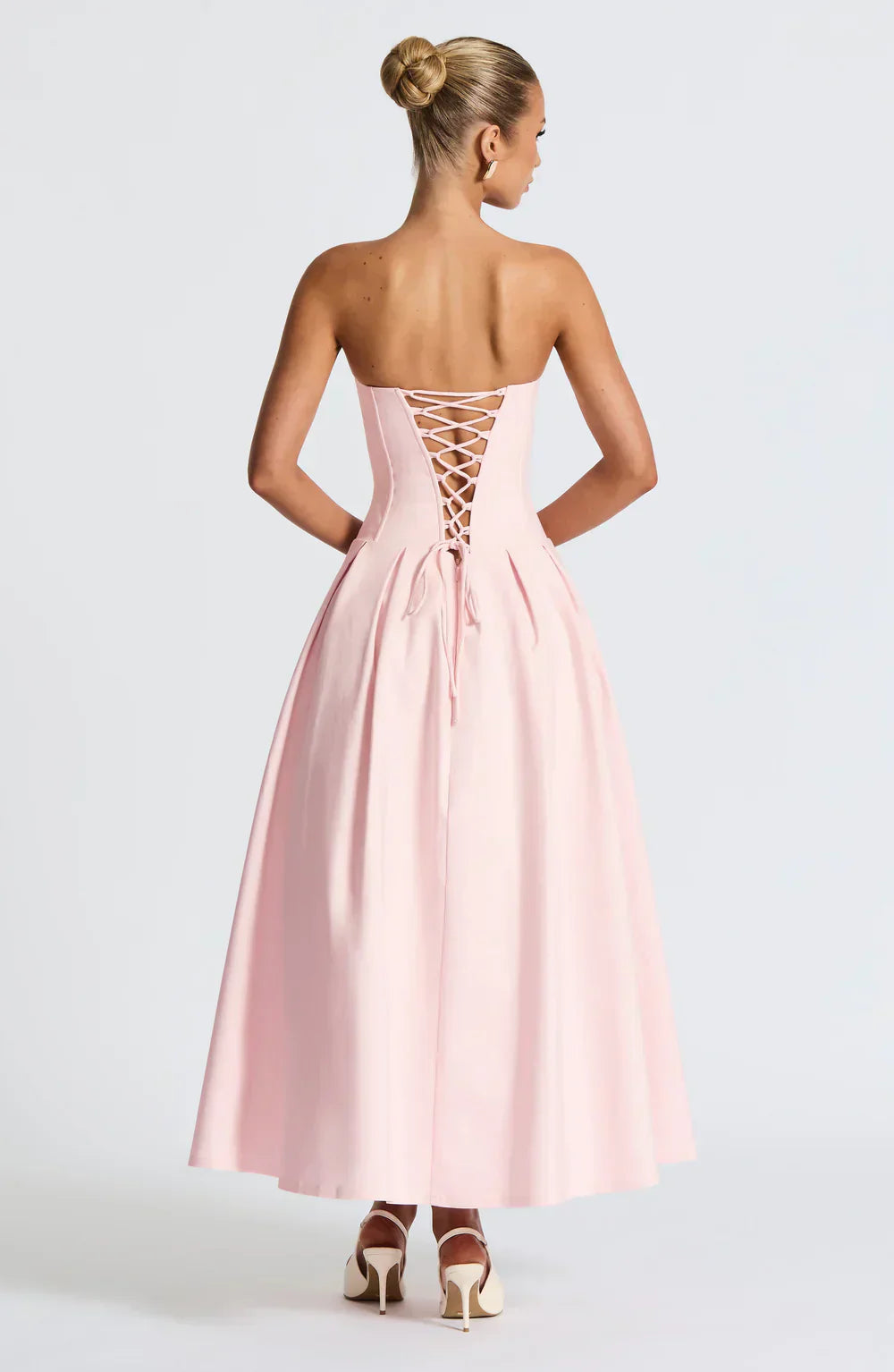 Pink Strapless Midi Dress with Pleated Skirt