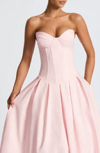 Pink Strapless Midi Dress with Pleated Skirt