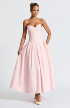 Pink Strapless Midi Dress with Pleated Skirt