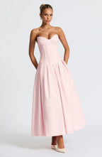 Pink Strapless Midi Dress with Pleated Skirt